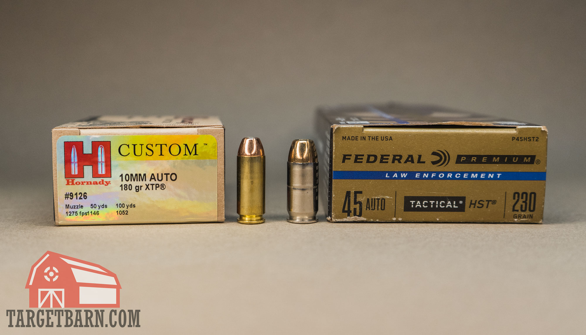 showing defensive rounds with boxes for both 10mm and .45 acp