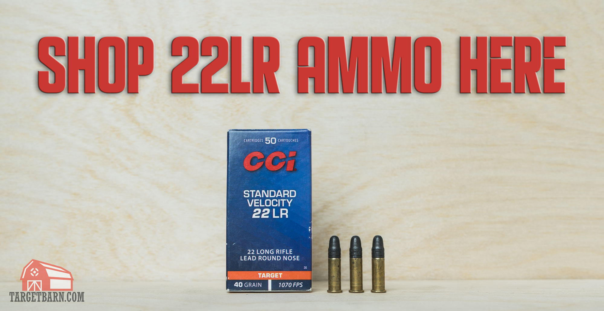 shop 22lr ammo here text over a box of cci 22lr ammo and three rounds