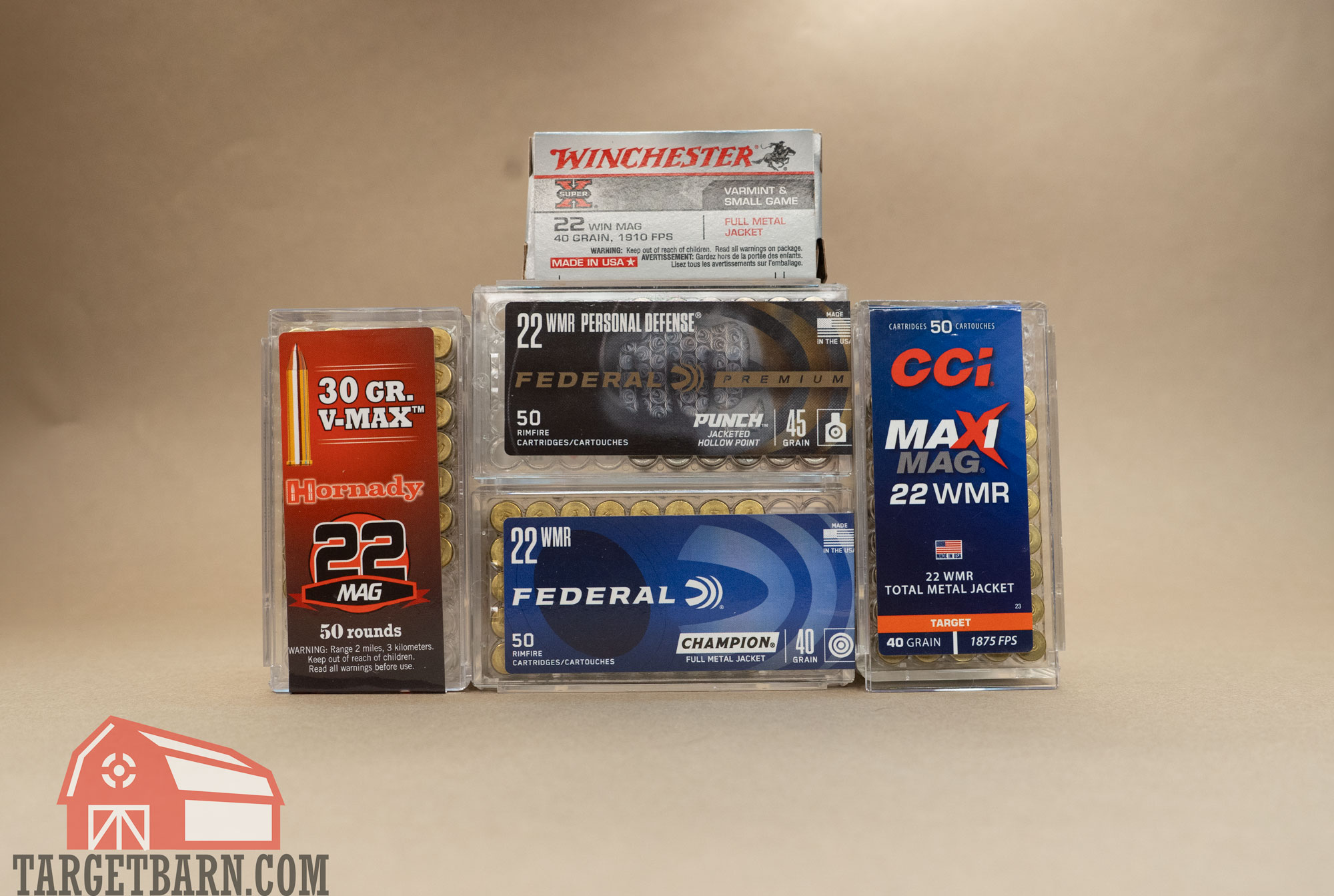 5 boxes of various 22 wmr ammo, including hornady, winchester, federal, and cci