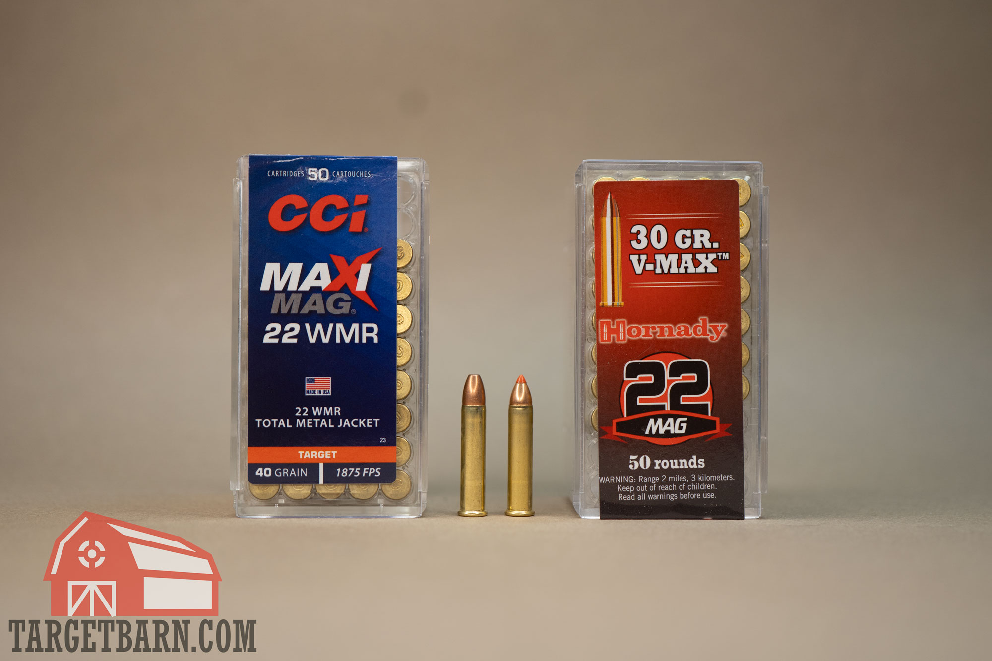 a box and one round of cci maxi mag 22 wmr next to a box and one round of hornady 22 mag showing that .22 wmr vs. .22 mag are the same thing