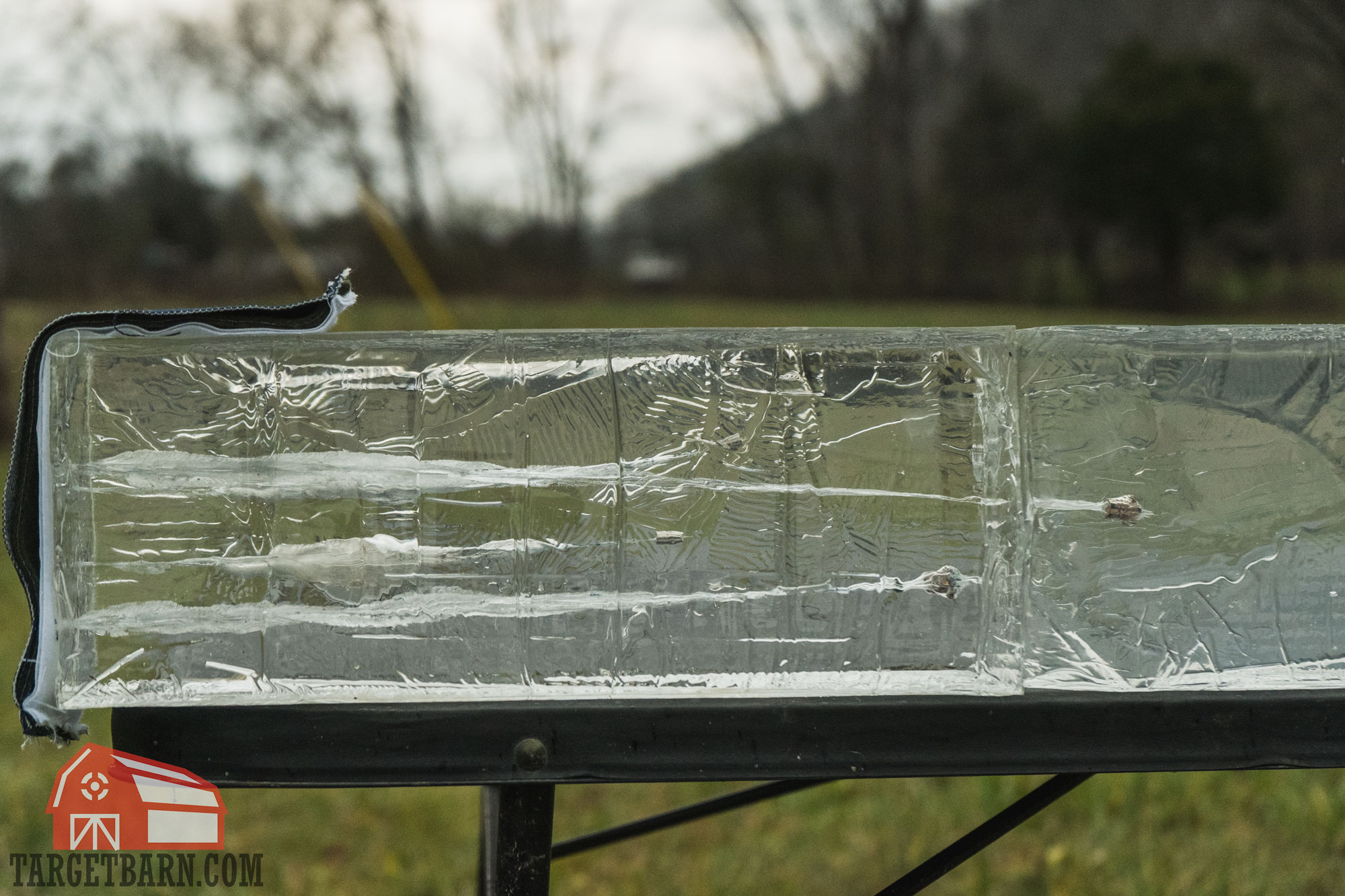 showing a ballistic gel block after both .22 wmr and 9mm had been fired into it