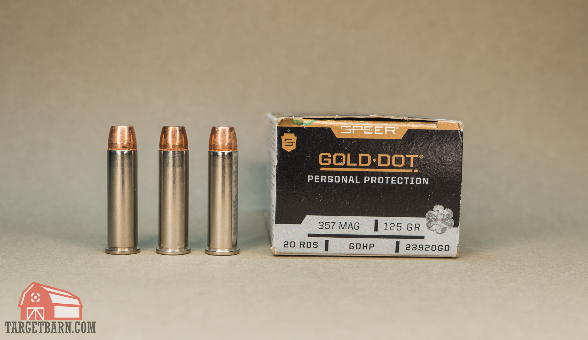 three rounds of speer gold dot 357 magnum ammo and its box