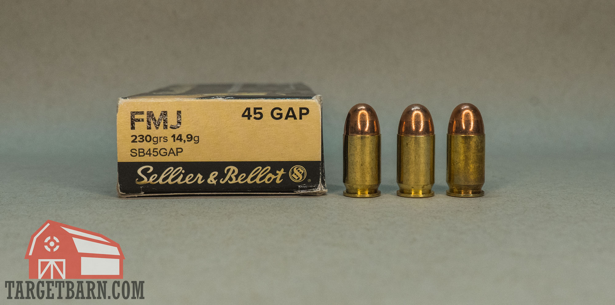 a box and three rounds of sellier & bellot 45 gap ammo