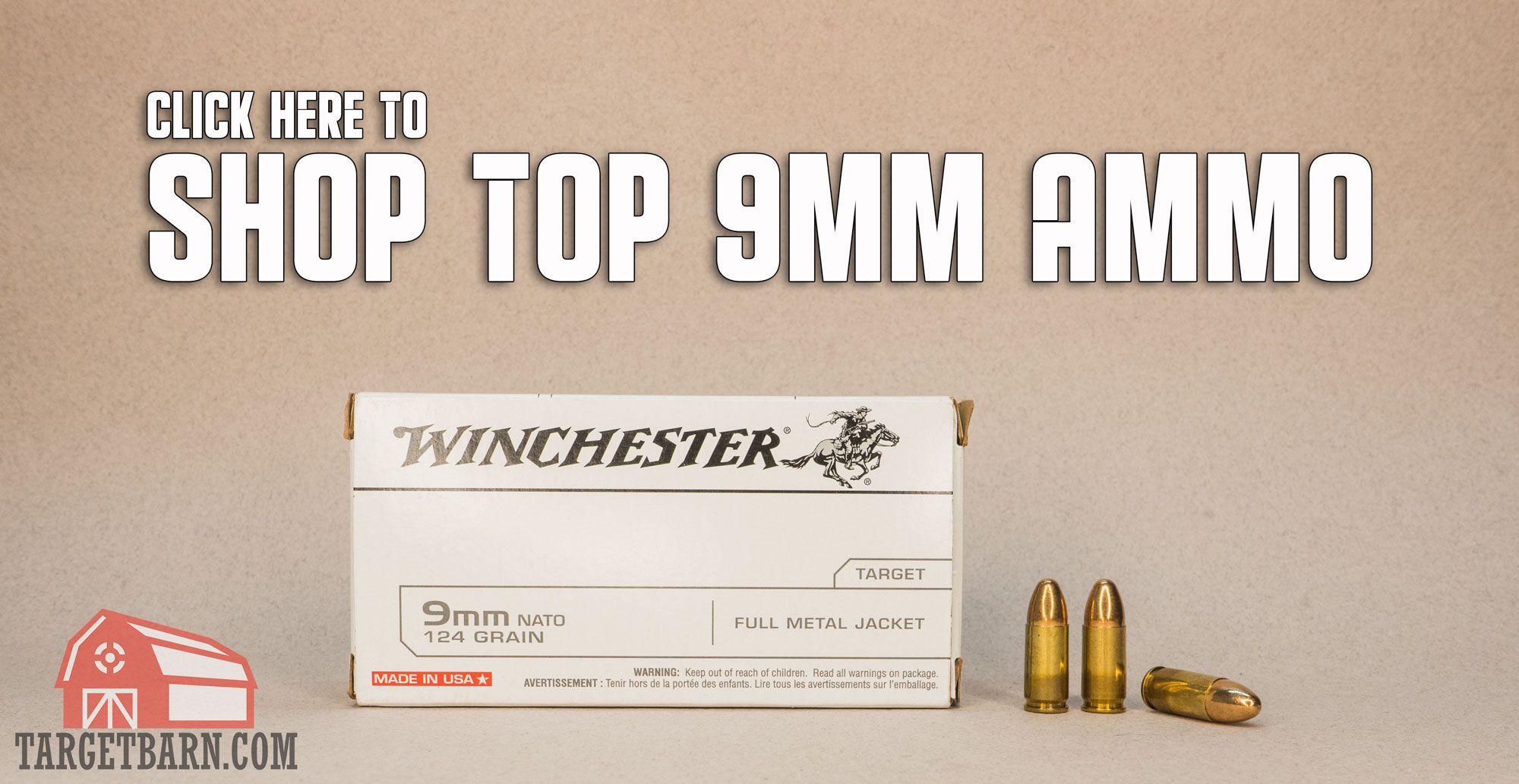 a box of winchester 9mm ammo and three rounds with text that says click here to shop top 9mm ammo