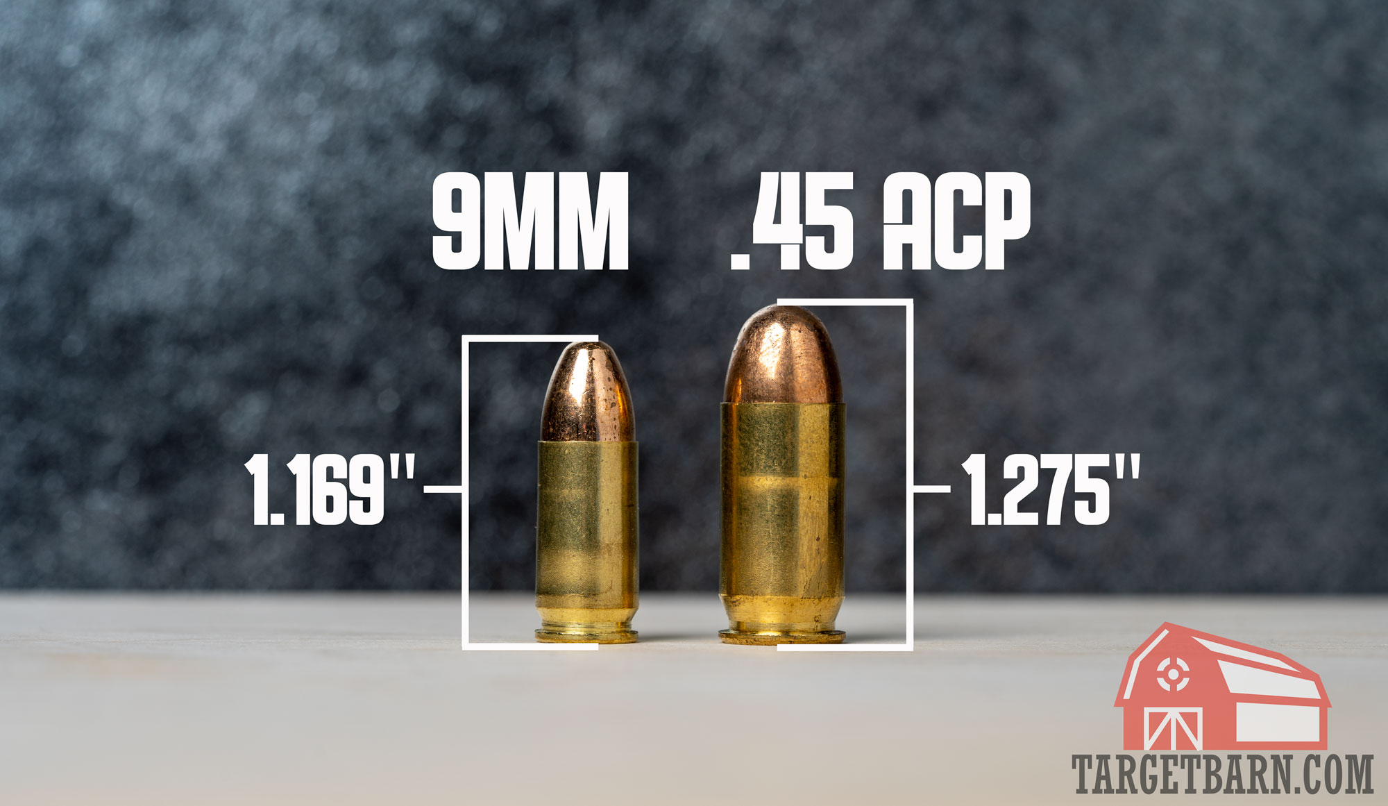 a 9mm vs. .45 acp round marked with their overall lengths to compare size