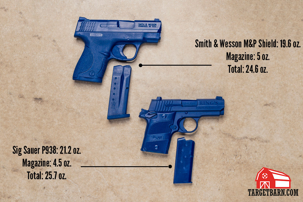 Smith & Wesson M&P Shield and Sig Sauer P938 weighted blue guns and magazines with weights listed
