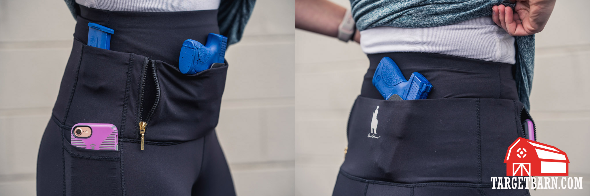 front and back view of Dene Adams Classic Concealed Carry Tactical Leggings with blue guns and magazine holstered