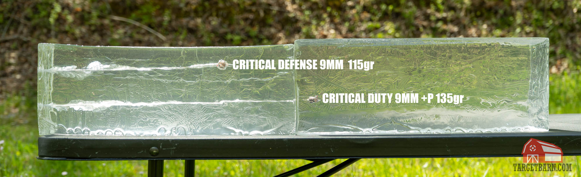 showing 9mm critical defense and 9mm critical duty in ballistic gel, with the critical duty having more penetration 