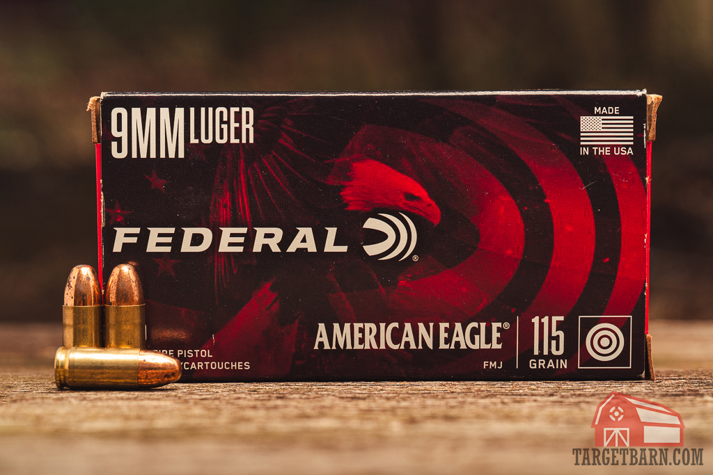 Federal American Eagle 9mm ammo displayed Federal American Eagle 9mm ammo displayed