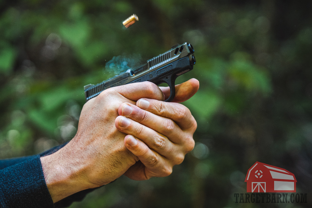 Shooting BEB ammo The author firing brass enclosed base ammo at an outdoor shooting range