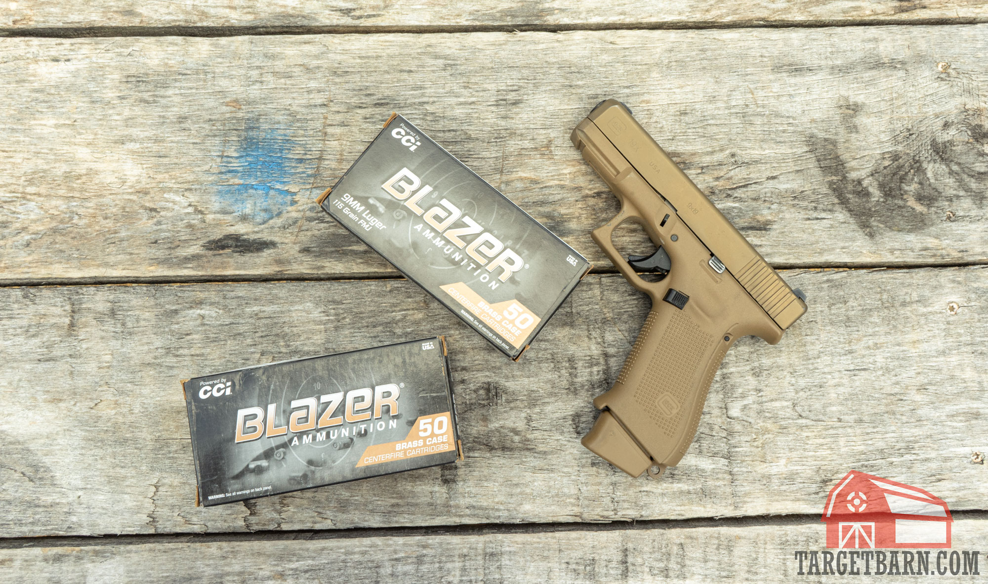 a glock 19x and boxes of blazer brass ammo