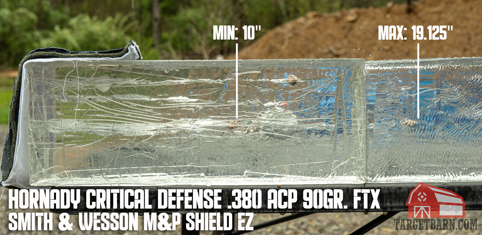 a ballistic gel block after being shot with 5 rounds of hornady critical defense .380 acp to show penetration