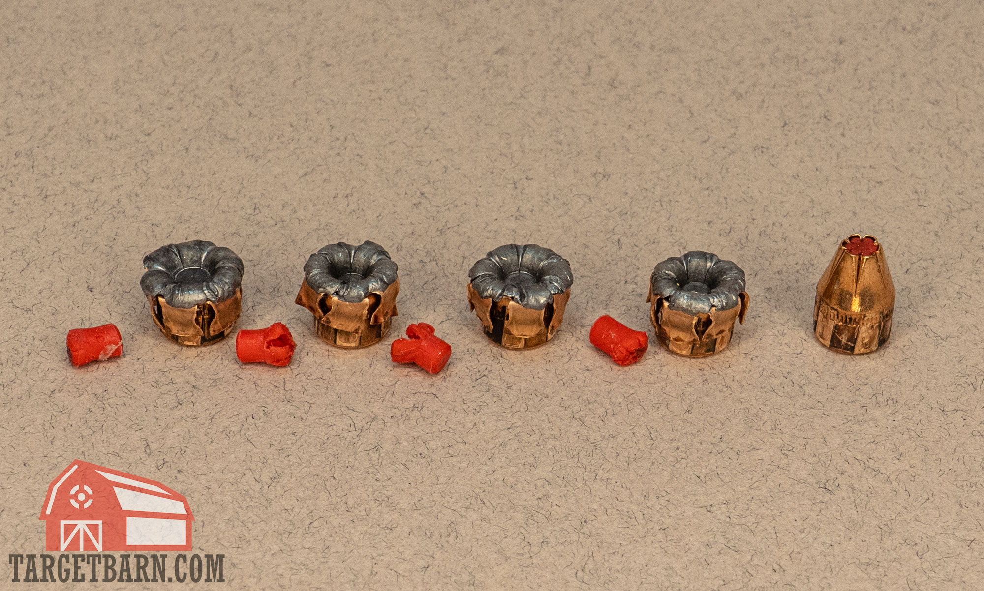 showing 5 expanded bullets of the hornady critical defense 380