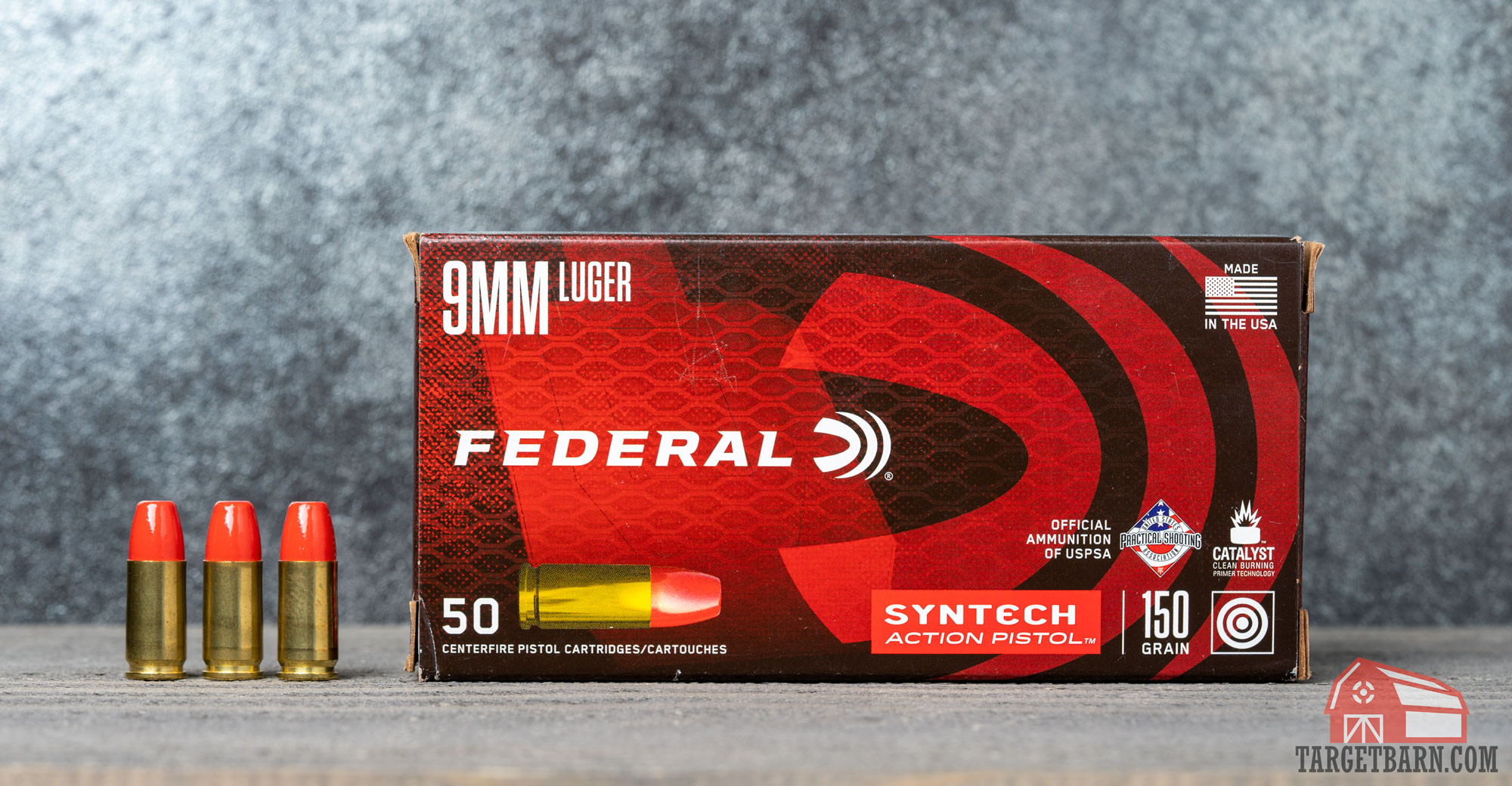 a box and three rounds of 9mm federal syntech action pistol 150gr. tmj