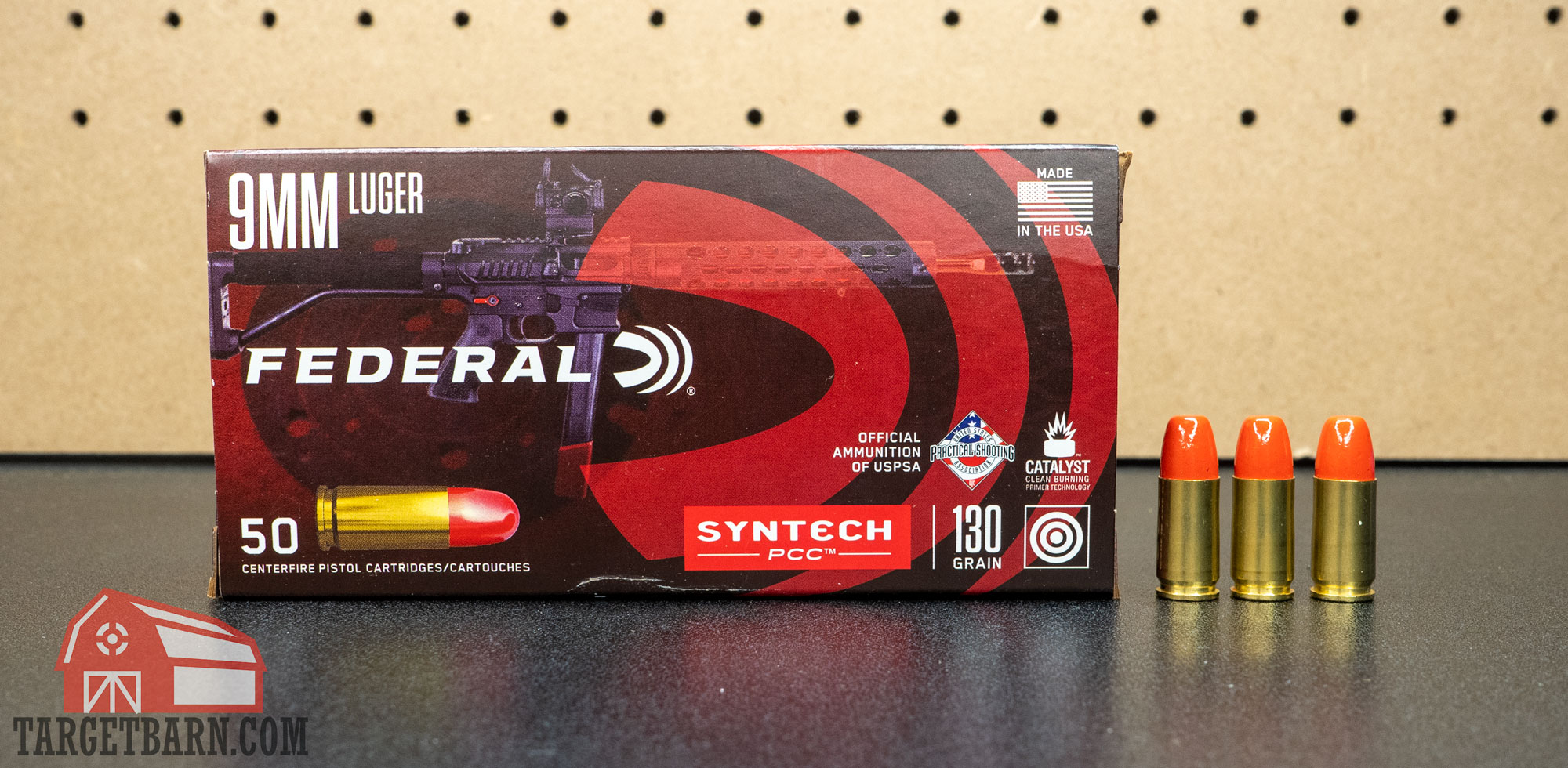a box and three rounds of 9mm federal syntech pcc 130gr.