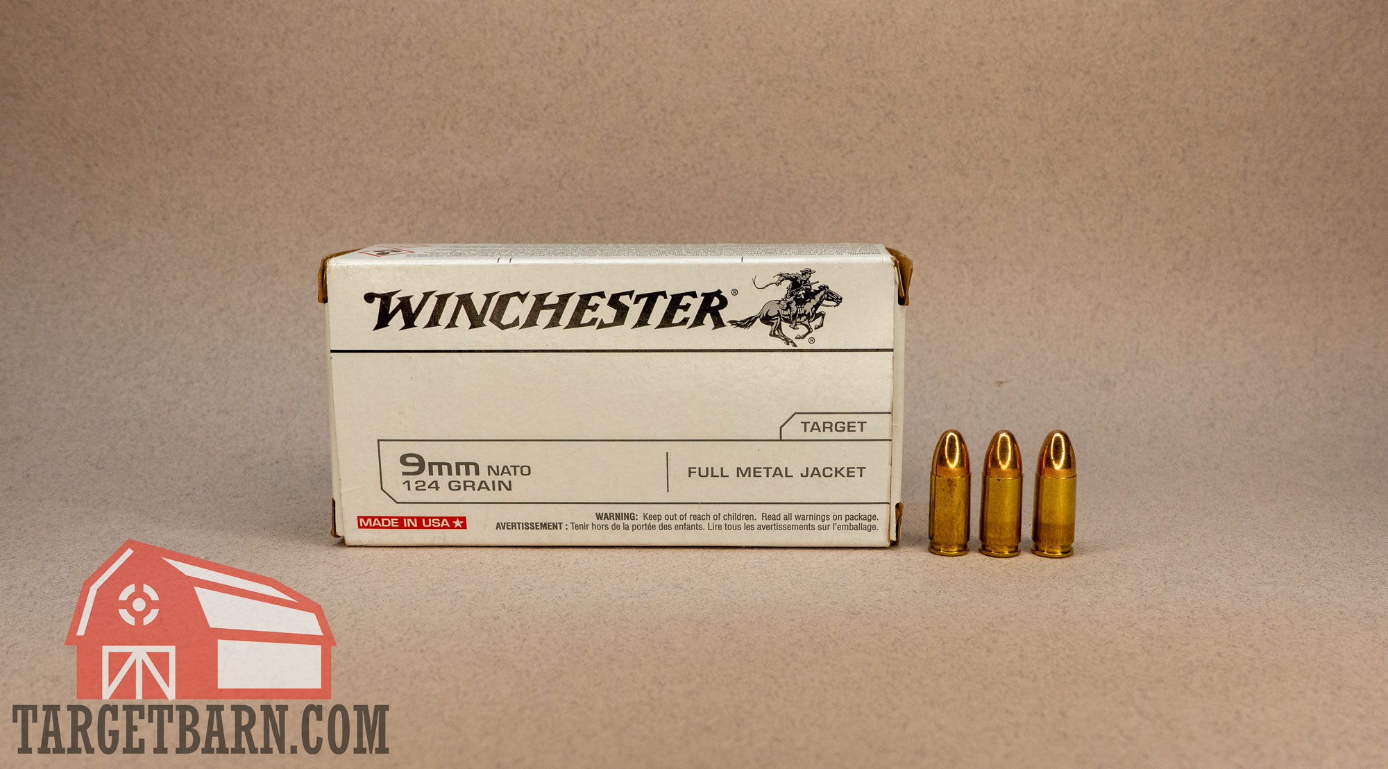 a box and three rounds of winchester 9mm fmj ammo