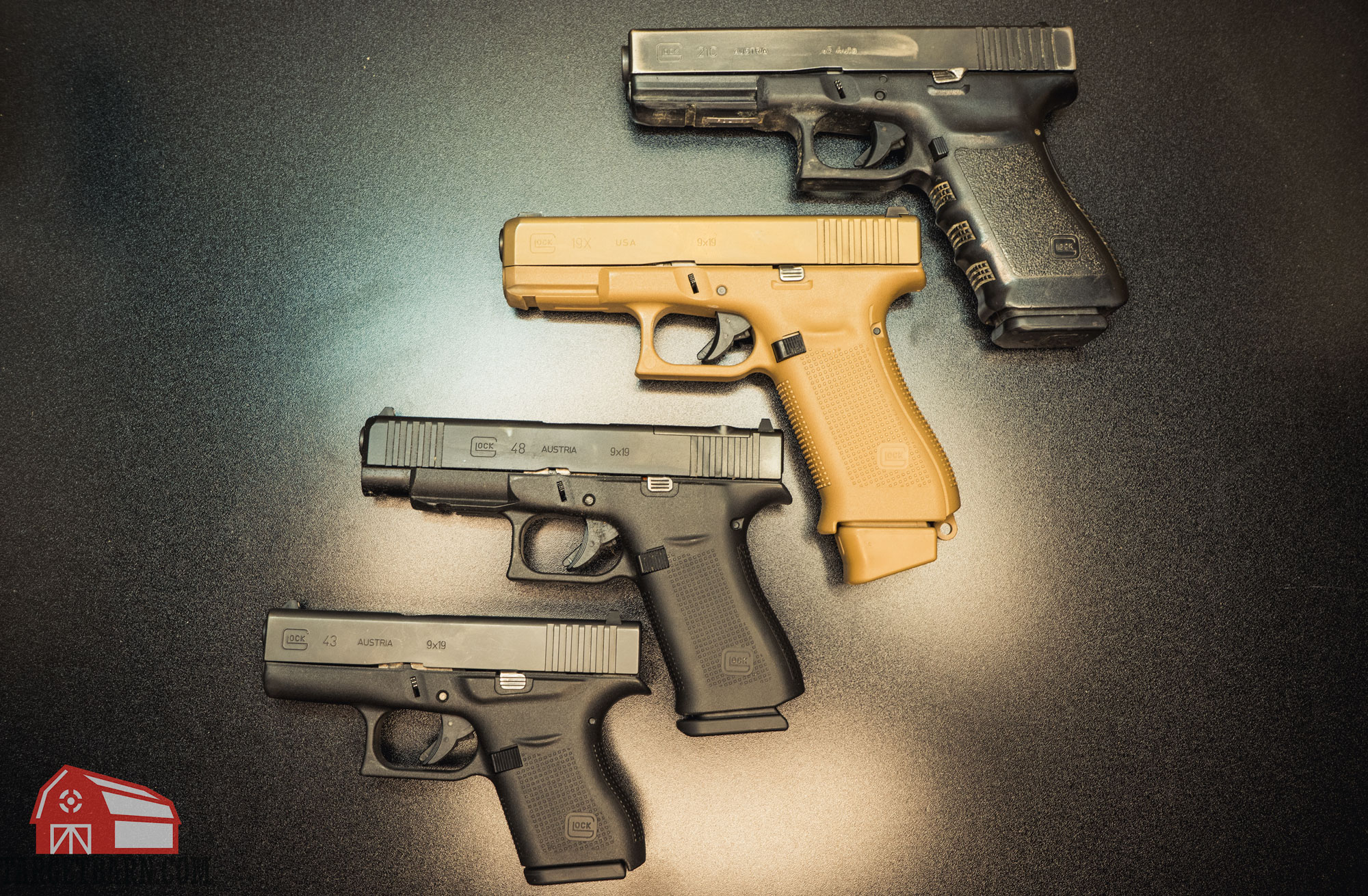 showing four different glock barrel length pistols, the g43, g48, g19x, and g20