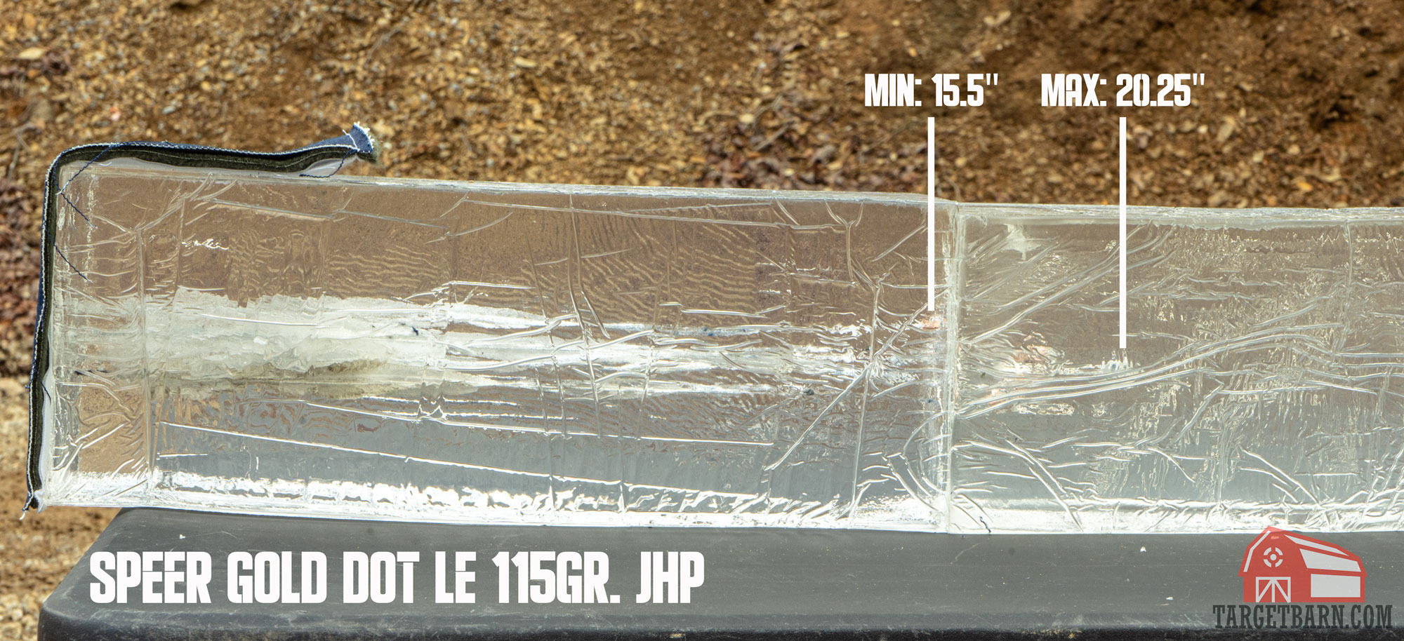 a ballistic gel block after gel testing 5 rounds of speer gold dot 115gr. le jhp with the minimum and maximum penetration marked