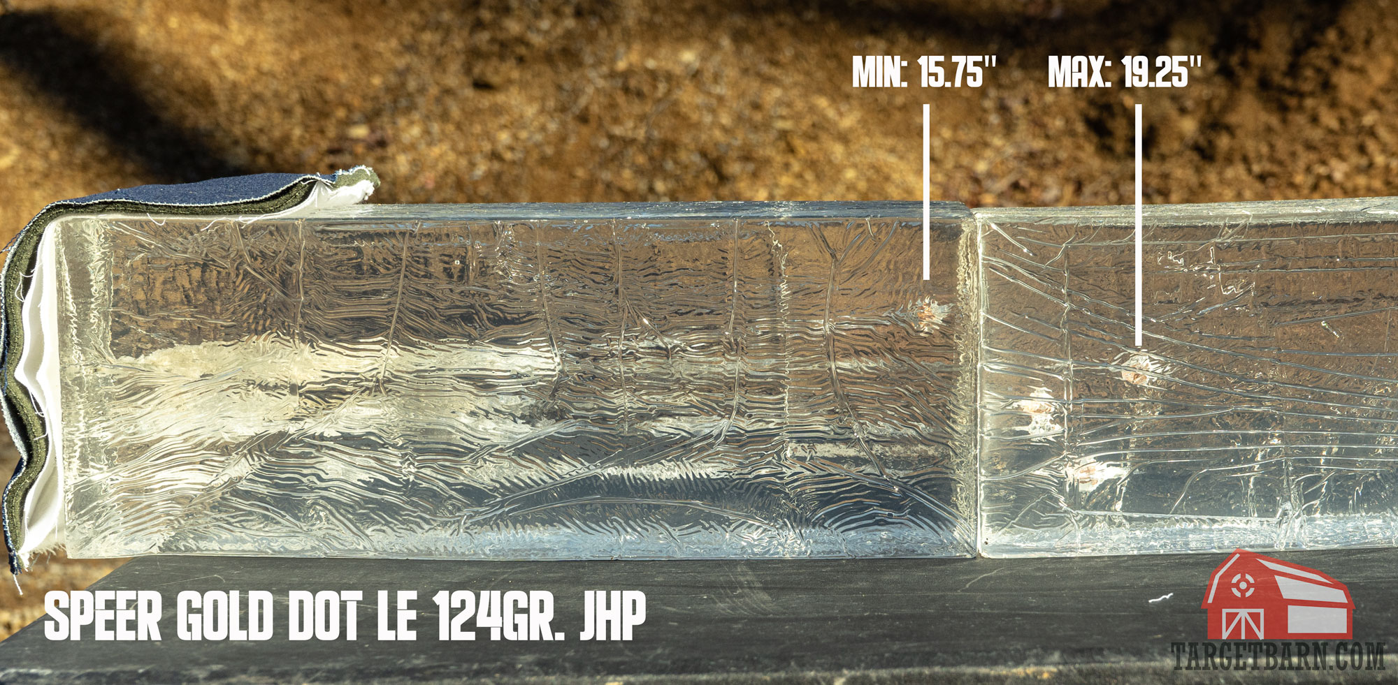 a ballistic gel block after gel testing 5 rounds of speer gold dot 124gr. le jhp with minimum and maximum penetration marked