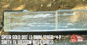 speer gold dot le 9mm 124gr. +P in ballistic gel out of a shield
