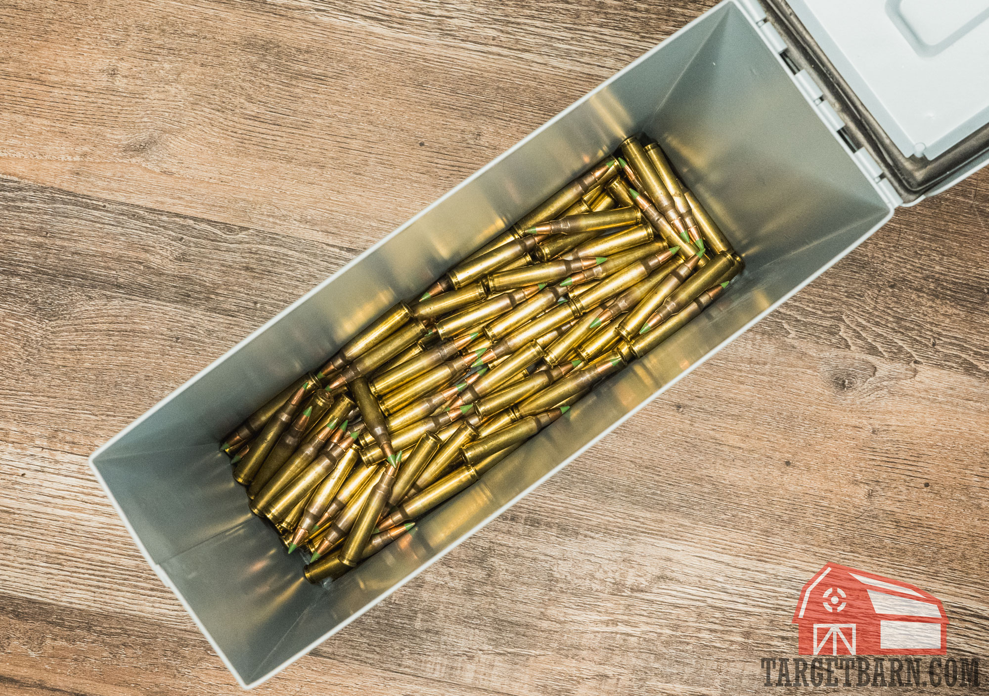 an ammo can filled with green tip ammo