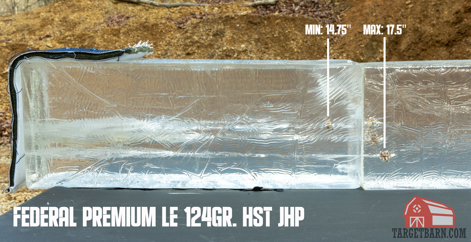 a ballistic gel block after 5 rounds of federal le 124gr. hst jhp with the minimum and maximum penetration marked