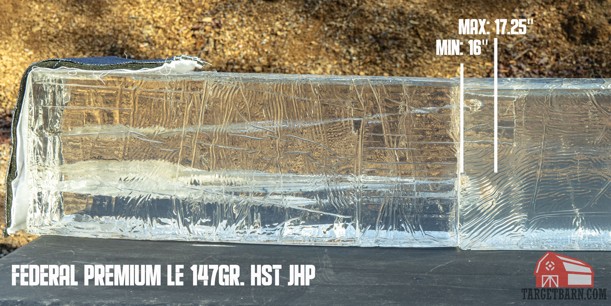 a ballistic gel block after gel testing 5 shots of federal le 147gr. hst jhp have been shot into it, with the minimum and maximum penetrations marked