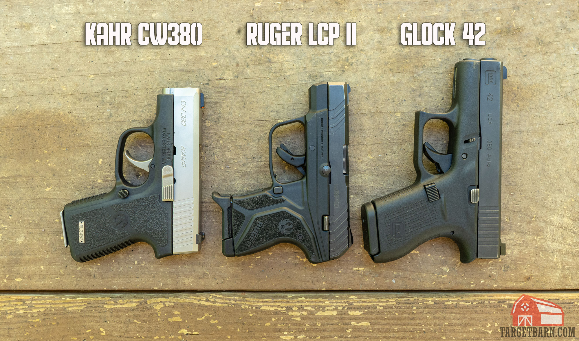 a size comparison of the kahr cw380, ruger lcp ii, and glock 42