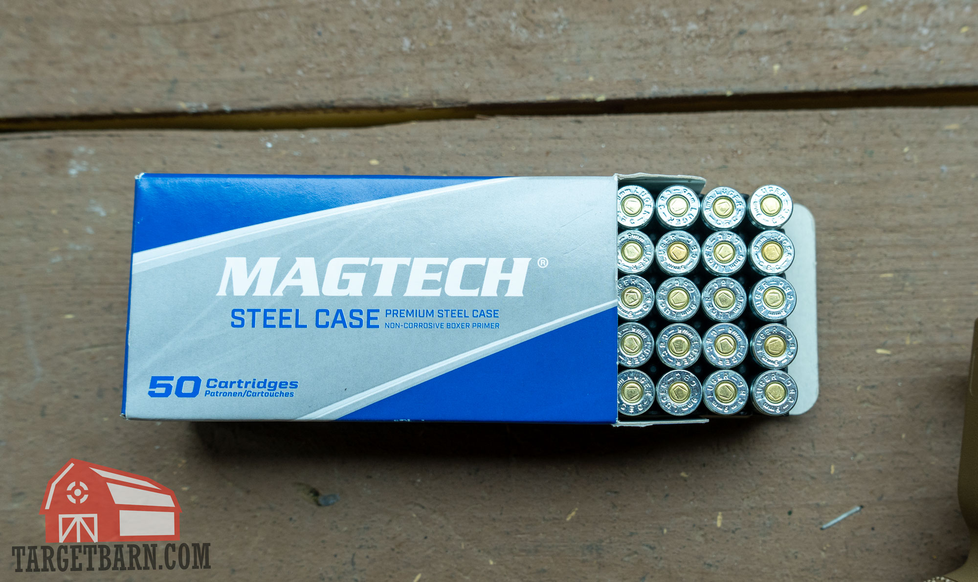 an open box of magtech steel case 9mm ammo
