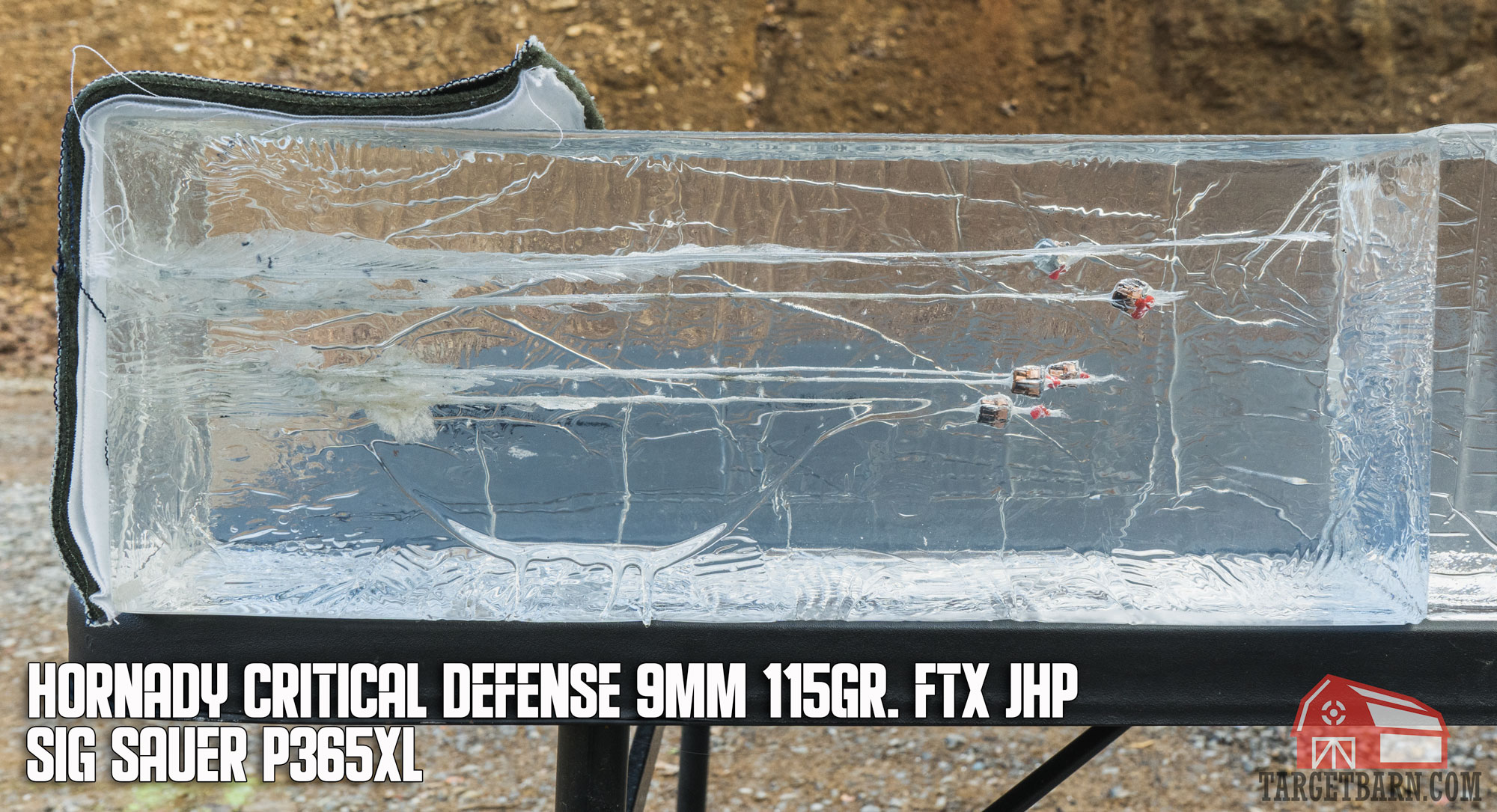 a ballistic gel block with 5 rounds of hornady critical defense fired from a sig p365xl