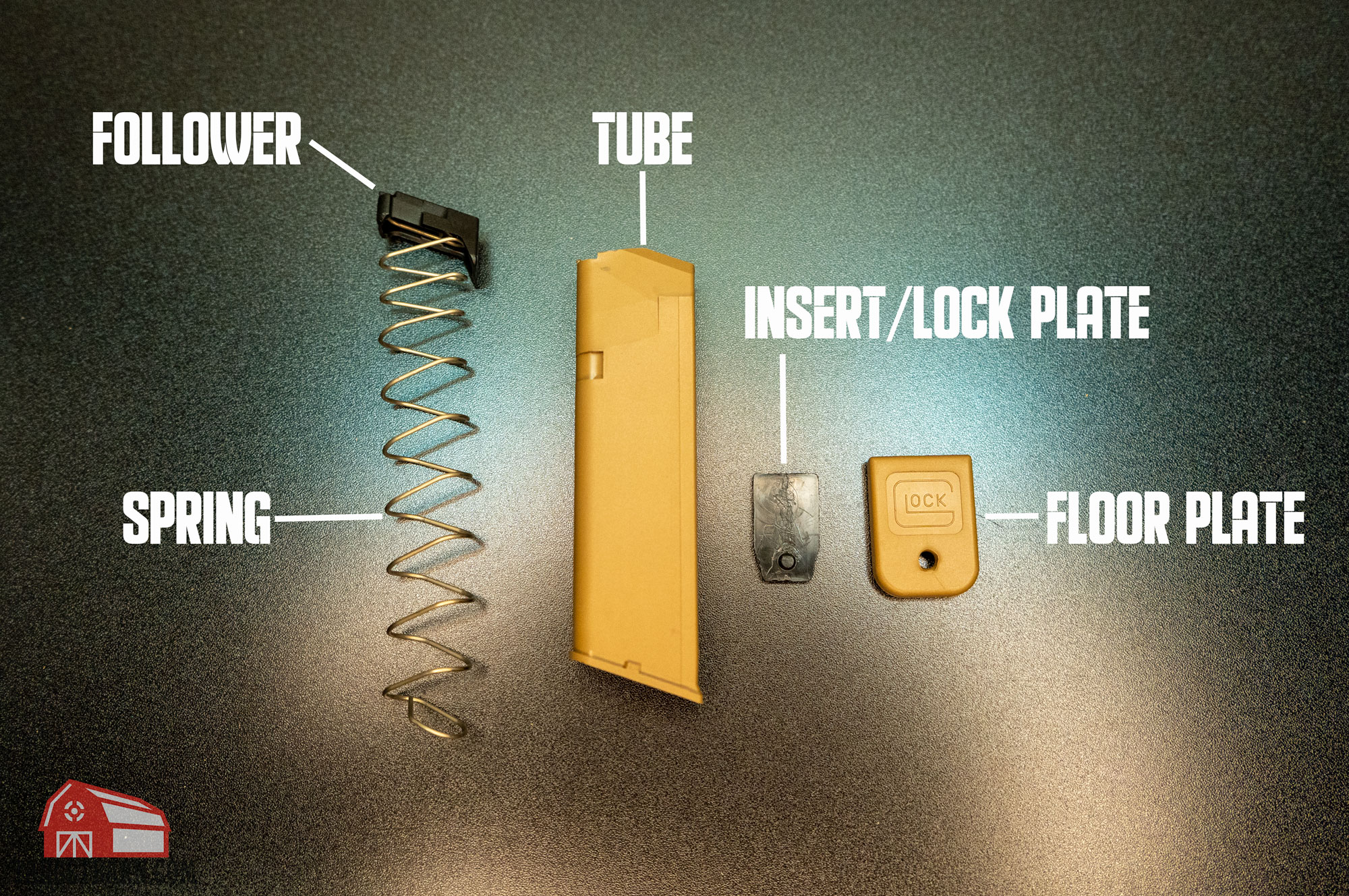 a diagram of the parts of a glock magazine showing the follower, spring, tube, insert/lock plate, and floor plate