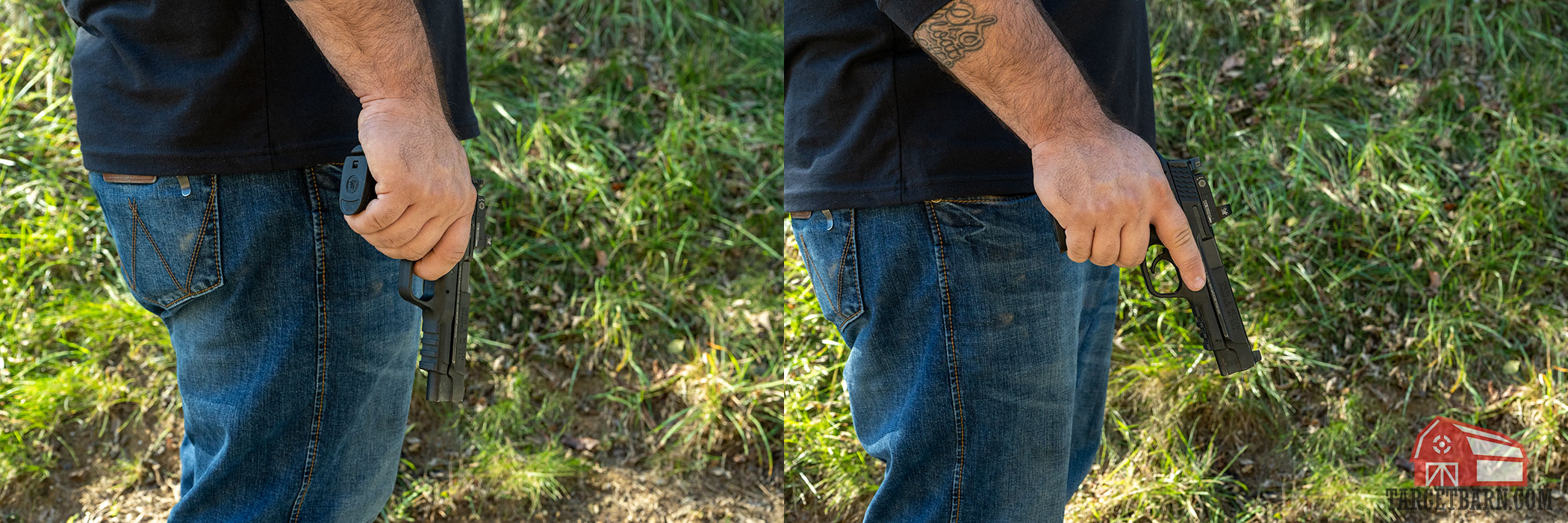 side bt side images of bad trigger discipline with the trigger on the gun and proper trigger discipline with finger off of the gun