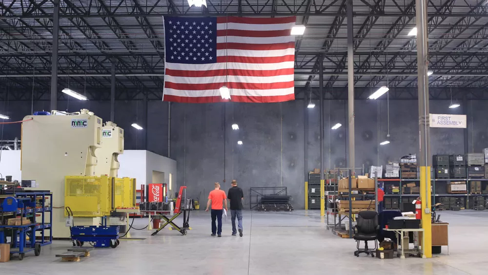an american flag inside the ptr manufacturing facility