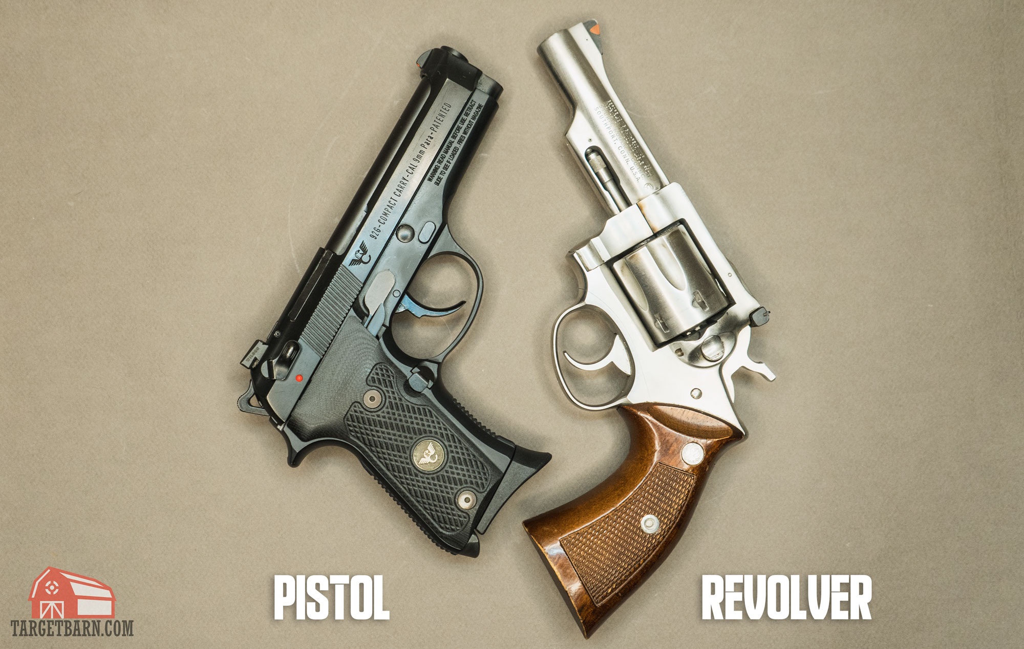 a semi-auto pistol and revolver labeled next to each other