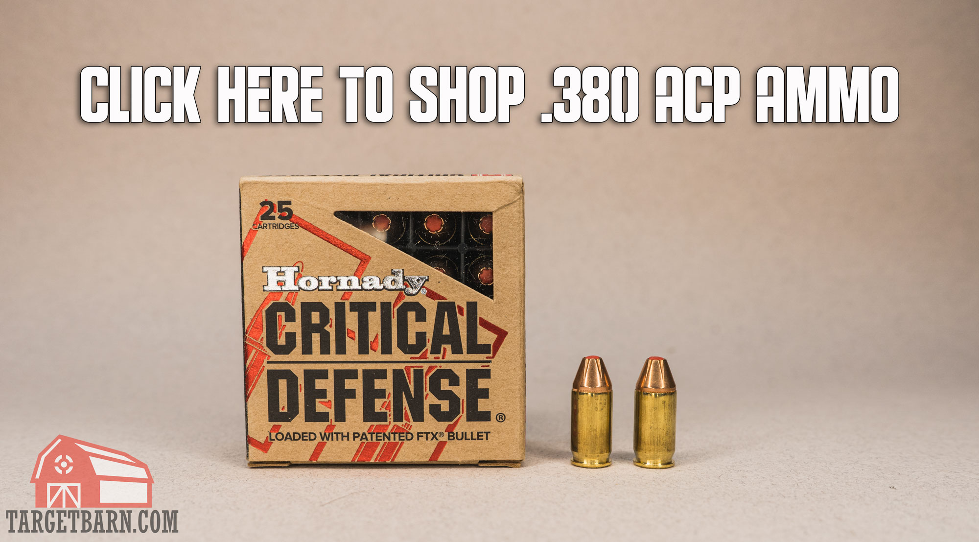 a box and two rounds of critical defense 380 with the text click here to shop 380 acp ammo