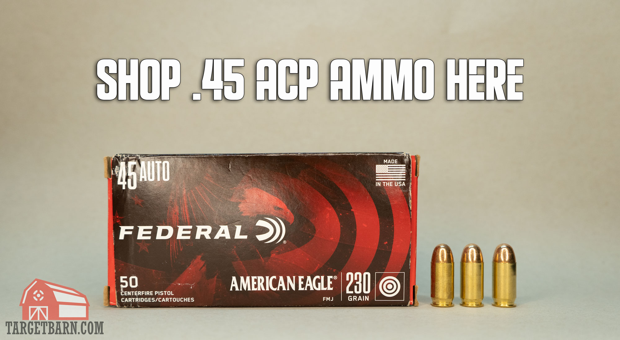 a box and three rounds of 45 acp ammo with text that says shop .45 acp ammo here
