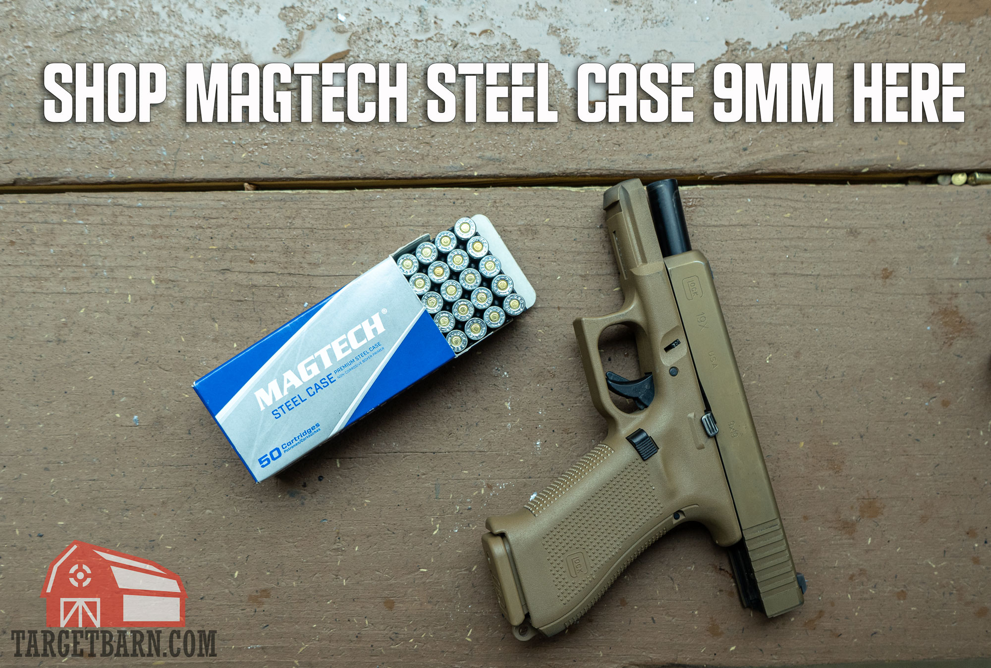 an open box of magtech steel 9mm and a glock 