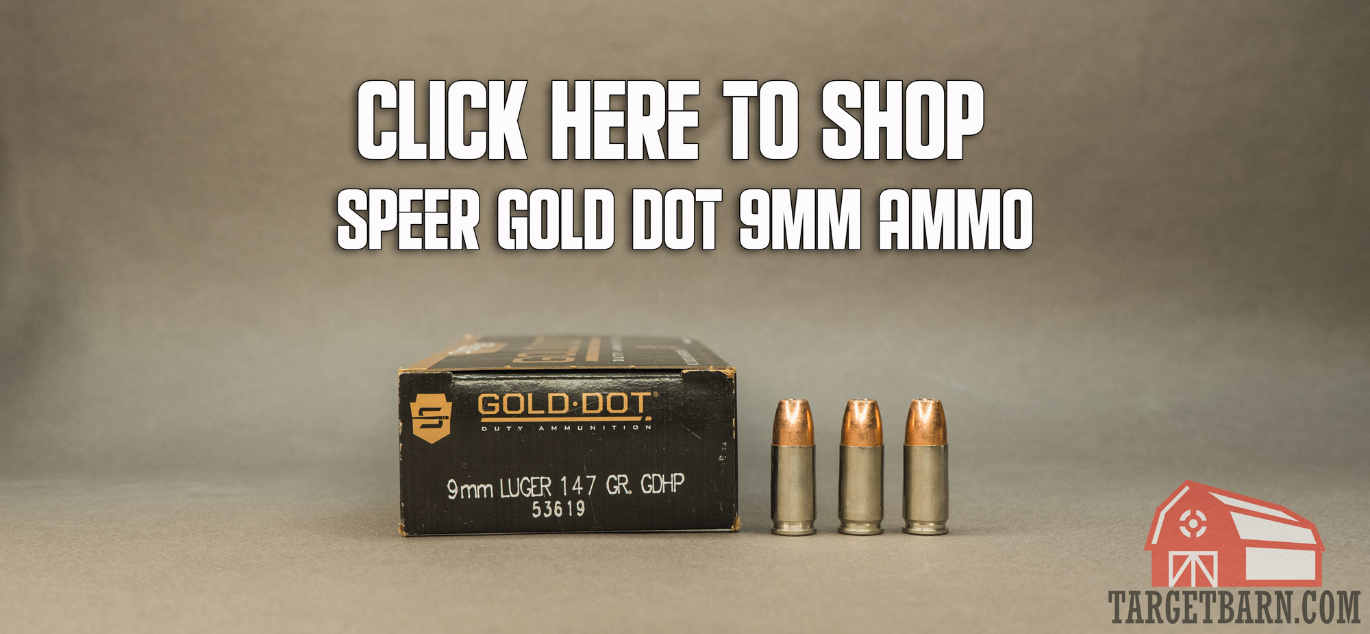 a box and three rounds of speer gold dot 9mm 147gr. and the words click here to shop speer gold dot 9mm ammo