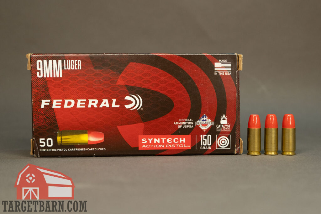 a box and three rounds of federal syntech action pistol 9mm