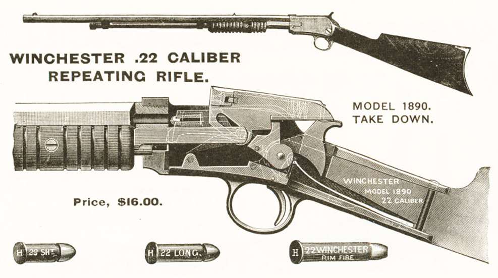 an old advertisement for the winchester model 1890 chambered in different types of .22 ammo